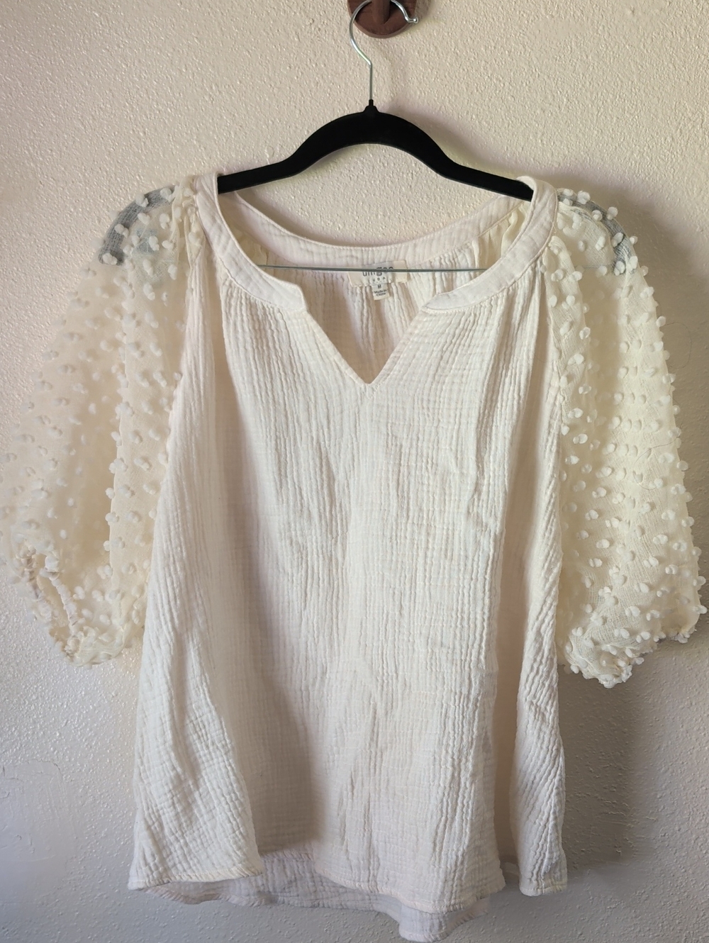 Umgee Cream Textured Blouse with Pom-Puff Sheer Sleeves